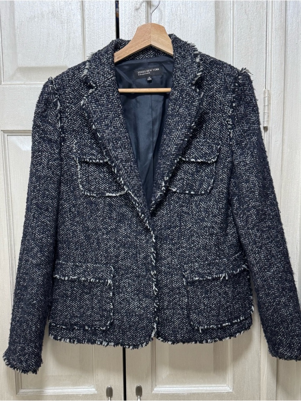 Jones New York Collection Women Size 10 Navy Tweed Herringbone Fringed Blazer